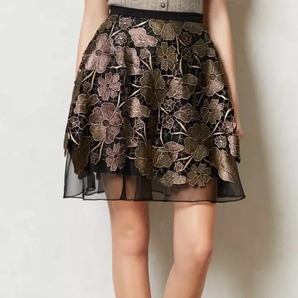 ANTHROPOLOGIE EVA FRANCO Black and Gold Floral Lace Layered Skirt 6 - Picture 2 of 6